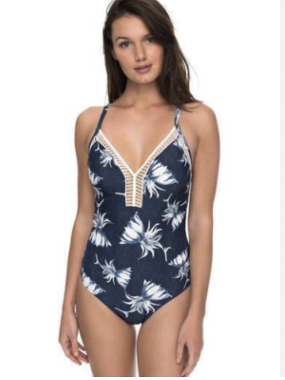 Roxy Hippy Hour Floral One Piece Swimsuit Large Ladder Trim Blue Modest tropical